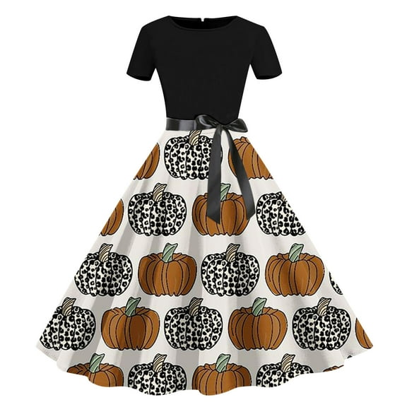 Alkepwun Halloween Dresses for Women Pumpkin Print Short Sleeve Midi Dress Halloween Costumes Vintage A Line Swing Party Dress with Belt