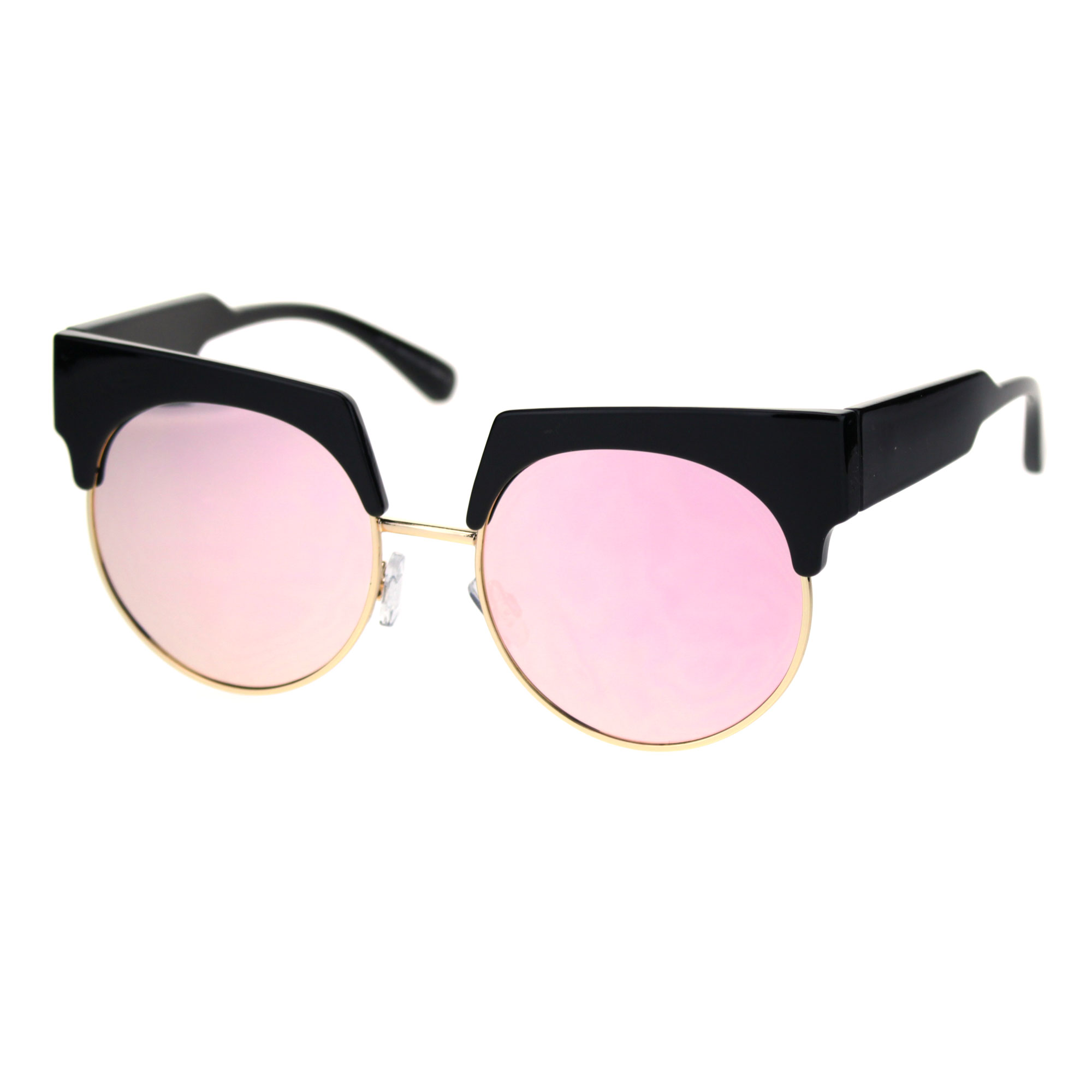 Womens Half Rim Eyebrow Horn Round Retro Sunglasses Black Gold Pink Mirror - image 2 of 4