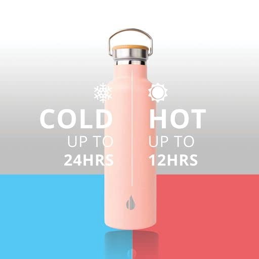 Elemental Classic Insulated Water Bottle, Leak Proof Thermos Water Bottle with Bamboo Lid and Metal Ring, Reusable Insulated Stainless Steel Water Bottle, 25oz - Blush Pink