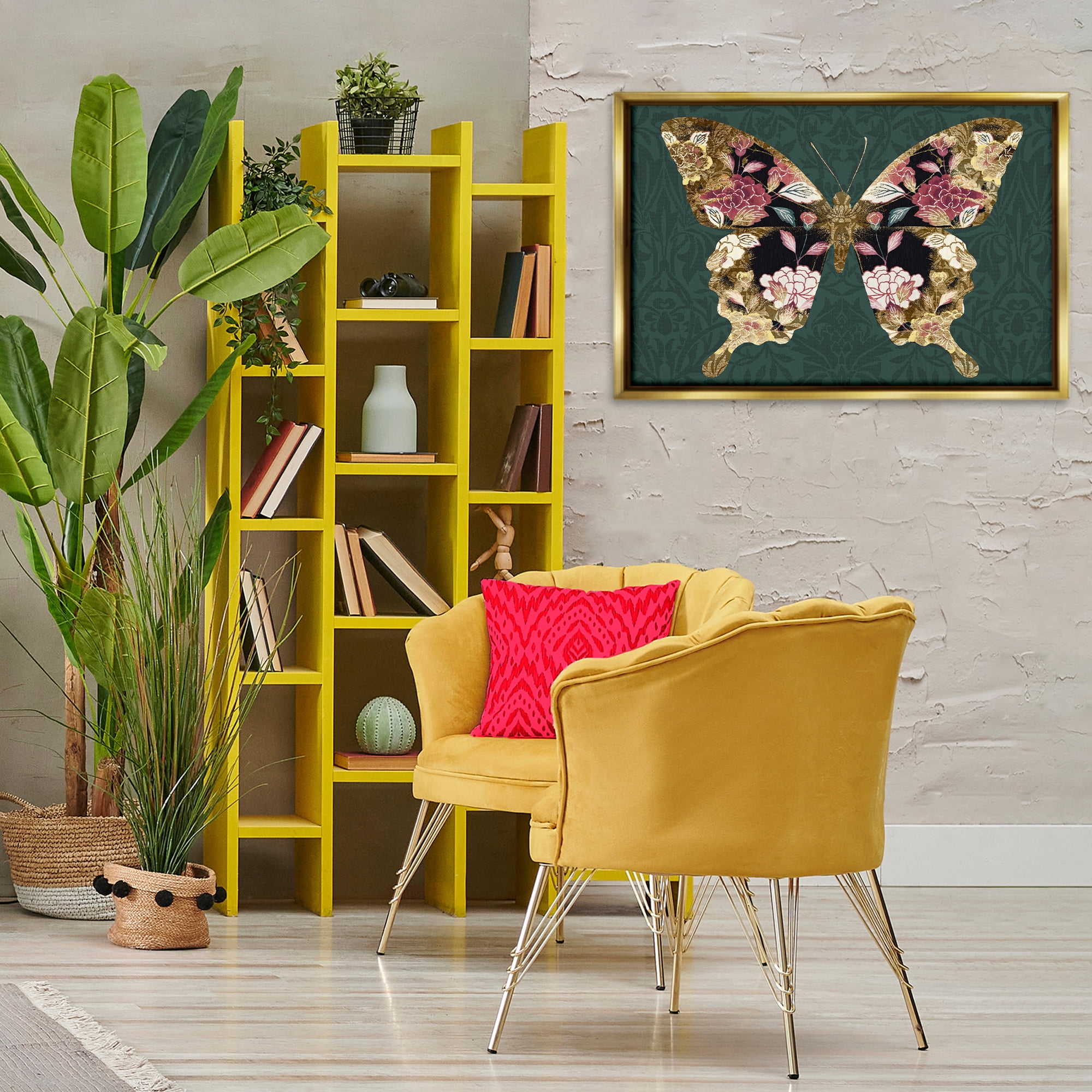 Stupell Industries Rococo Butterfly Pattern Animals Painting Gold Floater Framed Canvas Art Print Wall Art, 31 x 21