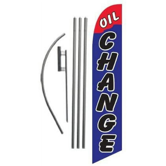 Oil Change Advertising Feather Banner Swooper Flag Sign with 15 Foot Flag Pole Kit and Ground Stake, Red and Blue