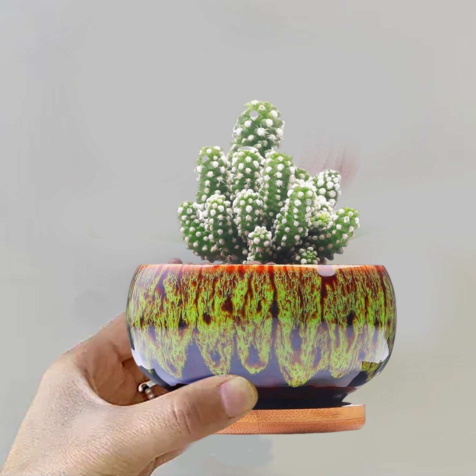 Hot Sale! Glazed Ceramic Flower Pot (Green), Circular Glazed Ceramic Pottery Planter Set UniqueçªåColor Blend Succulent Garden Pot Display