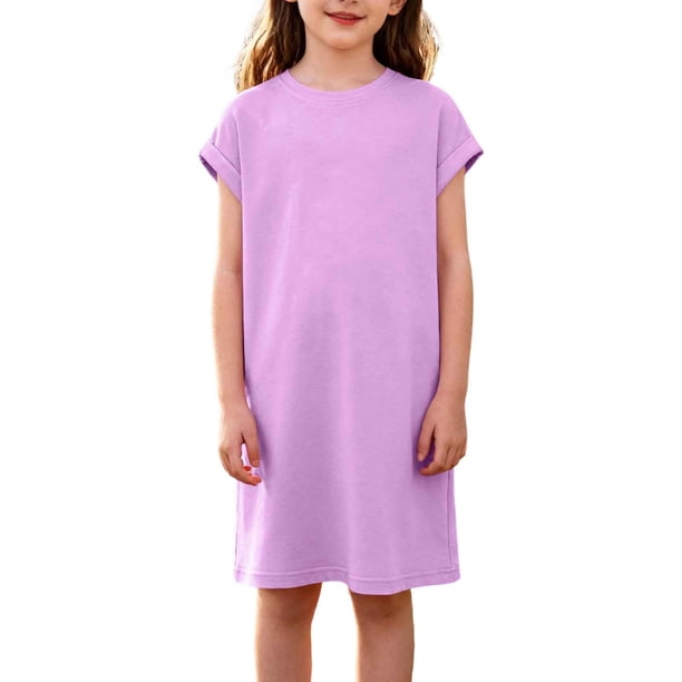 Vestido de Primavera de Niña Vestidos Sueltos Casuales con Bolsillos para 5-14 Años Vestido de Verano de Manga Corta Estirable Suave Y Cómodo para las Vacaciones Escolares
