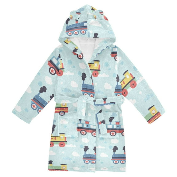 FORMRS Niños Bathrobe Unisex Hooded Robe Soft Plush Pajamas Sleepwear, Size 2-3T, Colorful Trains