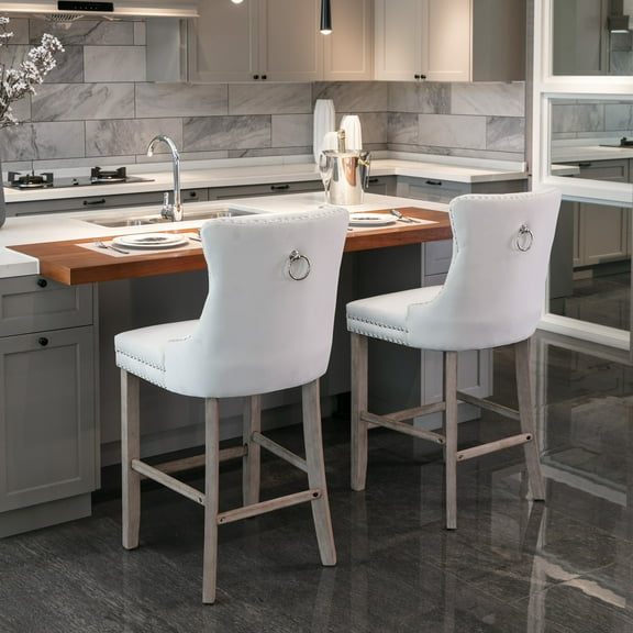 Nmkwnr 2 Pack Velvet Bar Stools with Wood Legs, Upholstered Barstools for Living Room, Dining Room, Bar, Beige