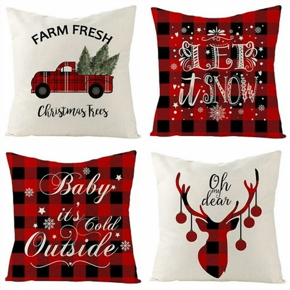 Christmas Holiday Throw Pillow Covers 18"X 18" Linen Throw Pillow Cases Set Of 4