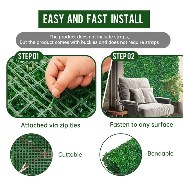 24-Pack Artificial Grass Wall Panels - 100% PE, 1.6" Thick, Sun-Proof Non-Fading, Easy Install for Indoor/Outdoor Privacy