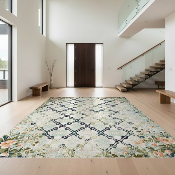 Design&I 8'x10' Washable Area Rug Boho Vintage Trellis Faded Motifs Bathroom Distressed Scroll for King Size Bedroom, Under Bed, Sleek Flatweave Pet Friendly