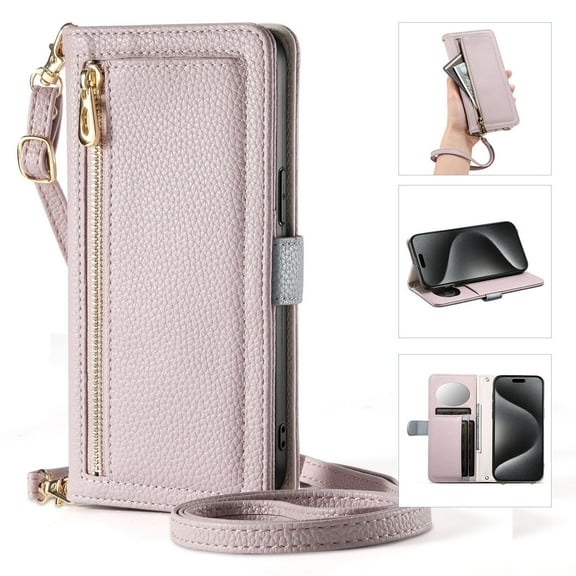 Crossbody Zipper Wallet Leather Phone Case for Samsung S25 Edge S24 Ultra S23 FE A14 A15 A16 A24 A25 A26 A34 A35 A36 A54 A55 A56 Lanyard Mirror Card Holder Cover