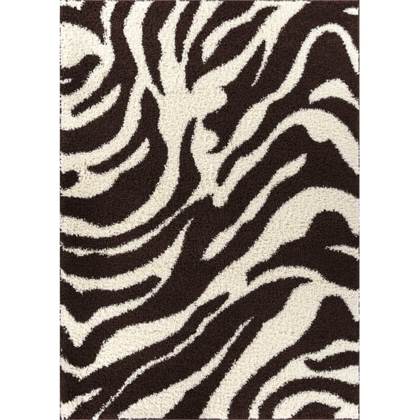 Zebra Shag Brown & Ivory Plush Modern Animal Print 2x3 (2' x 3') Area Rug Easy to Clean Stain