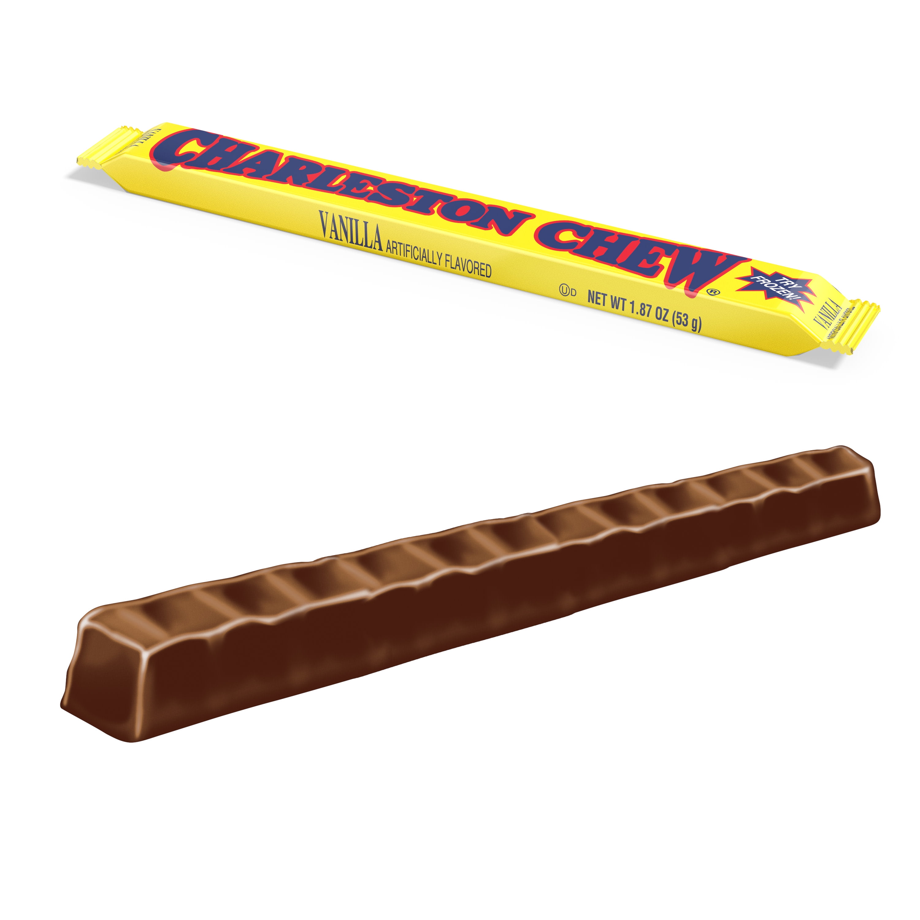 Charleston Chew Vanilla 1.87 oz Bar. Peanut Free and Gluten Free. Contains Milk, Soy and Egg.