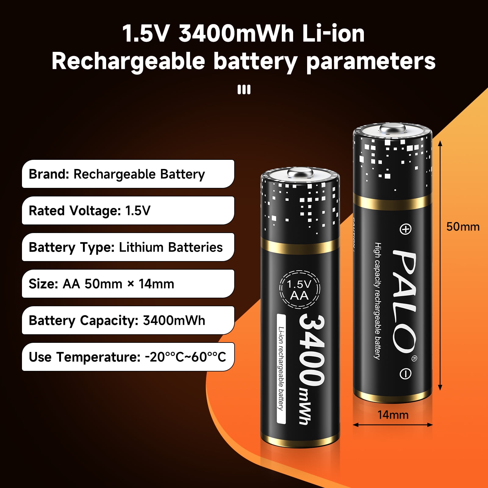 Palogreen AA Rechargeable Battery 4-Pack 1.5V Lithium Double A Batteries 3400mWh with Battery Case fot Solar Light