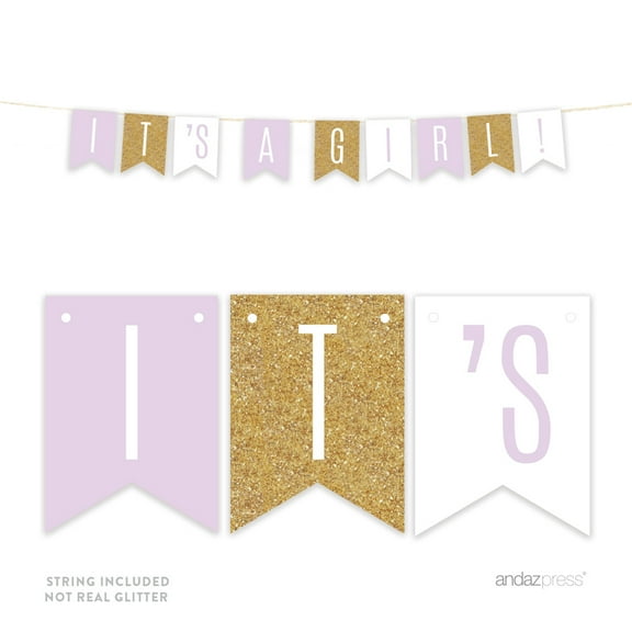 Signature Lavender, White, Gold Glittering Baby Shower Party, Hanging Pennant Banner, It's a Girl!