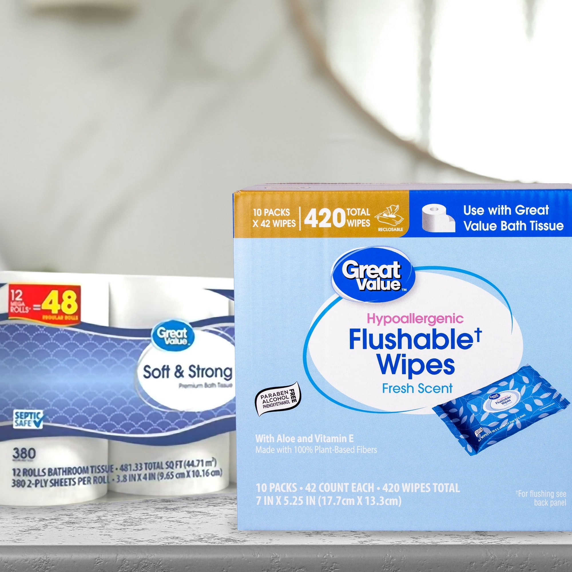 Fresh Scent Flushable Wipes, 10 Resealable Packs, 420 Total Flushable