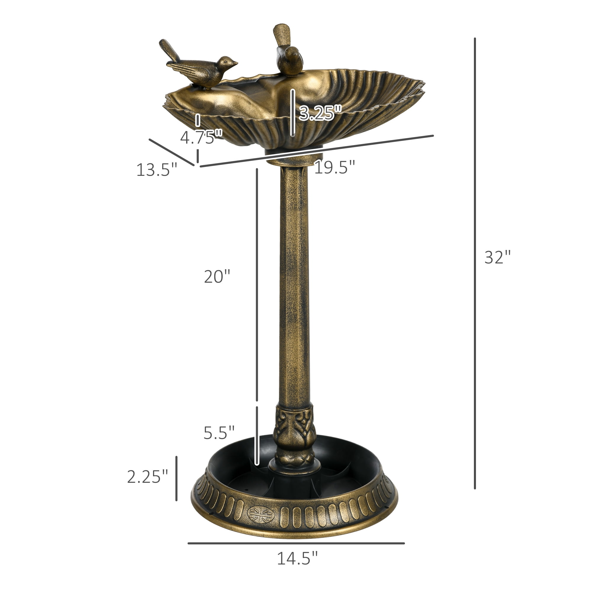 DUOSONG Outsunny 32" Antique Bird Bath With Pedestal Flower Planter Base, Vintage Style Decorative Birdbath, Bird Feeder Bowl & Planter Decoration Yard Statue, Bronze Bronze Polypropylene Other