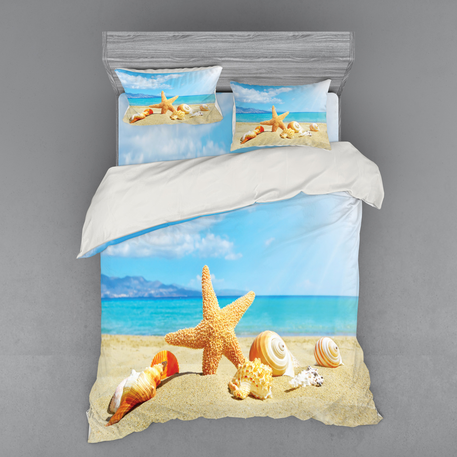 Seashells Duvet Cover Set, Summer Beach Theme and Sand with Rays in the Sky Clouds Seaside