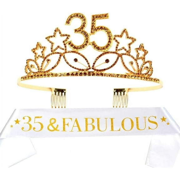 35th Birthday Sash and Tiara for Women - Fabulous Glitter Sash Stars Rhinestone Gold Premium Metal Tiara for Her, 35th Birthday Gifts for 35 Party