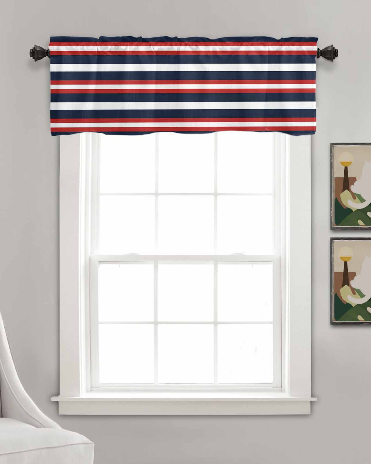 Red Navy Blue Striped Kitchen Valances for Windows Farmhouse Linen Window Valance Curtain for Living Room Window Treatment Contemporary Minimalist Aesthetic Valance Rod Pocket Topper, 42 x 18 Inch