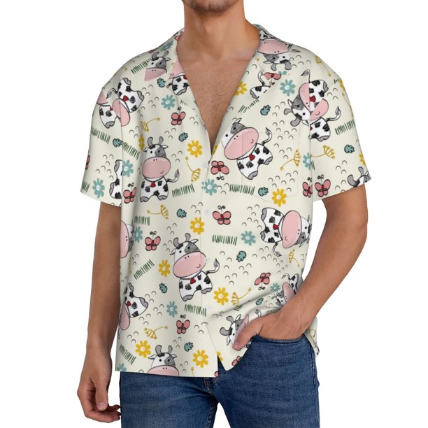 Balery Cute Cow Camisa Casual de Manga Corta con Botones para Hombre, Texturizada, Estilo Cubano, para Playa, Verano-X-Large