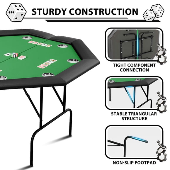 GloryStar Table de Poker Octogonale avec Pattes Pliables, Table de Casino de Loisirs pour 8 Joueurs, Table de Jeu de Blackjack avec Tringle Rembourrée Résistante à l'Eau, Porte-Gobelet en Acier Inoxydable
