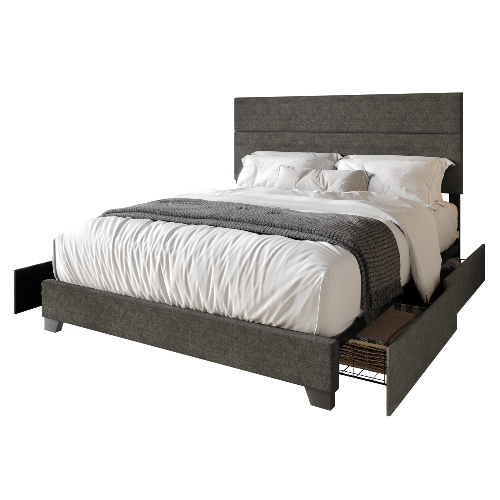 Home Design Kapaa Queen Upholstered Storage Platform Bed Frame with Horizontal Channel-Tufting and Side Drawers, Gray, Easy Assembly