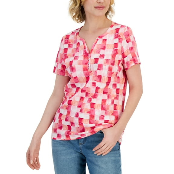 Women's Brushy Tile Short Sleeve Henley Top Steel Rose L