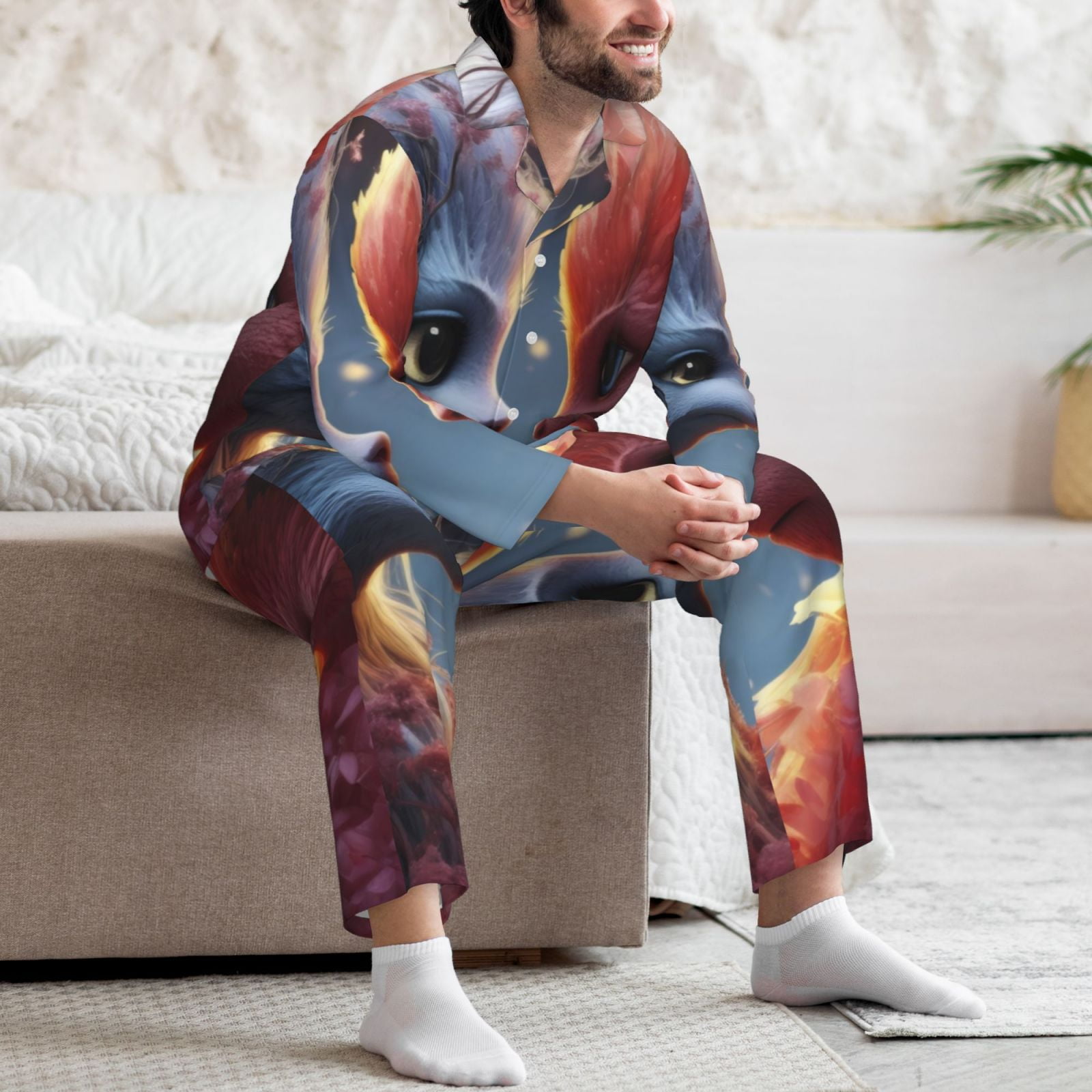 Picia Cute Red And White Elf Pattern Men’s Long-Sleeve Sleepwear Set - Soft 2-Piece Loungewear with Pockets, Comfy PJs for Relaxing Nights-Large