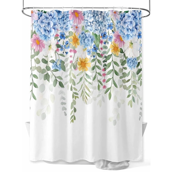 Fsddascl Blue Spring Floral Shower Curtain Set - 72" x 78" Washable Bathtub Curtain with 12 Hooks, Green Summer Botanical Watercolor Flower Waterproof Fabric Stall Shower Curtains for Bathroom