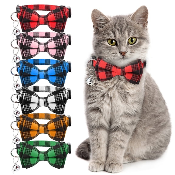 shuaien 6 Pcs Cat Collars with Bow Tie and Bell, Cat Collars Plaid, Breakaway Adjustable 8-12inch Cat Bow Tie Collars, Cute Plaid Kitten Collar for Pet Cats Kittens