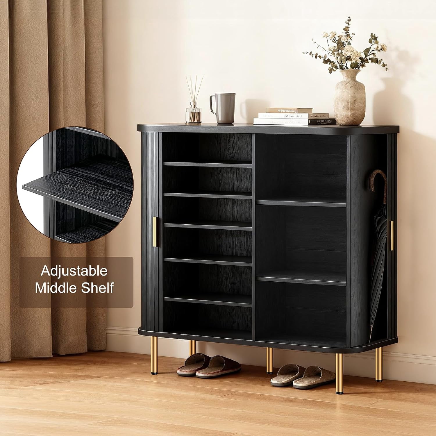 Shoe Storage Cabinet with Sliding Door, 6-Tier Shoe Cabinet with Adjustable Shelves, Mid-Century Modern Freestanding Shoe Storage Organizer for Entryway, Hallway, Living Room (Black)