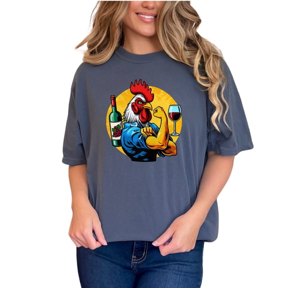 Funny Strong Rooster T-Shirt, Wine Lover Chicken Tee, Farm Animal Graphic Shirt, Unique Gift for Foodies, Cool Cartoon Tee, Unisex Top, Denim Comfort Colors T-Shirt, Small