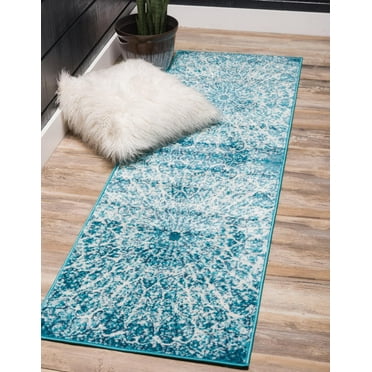 Rugs.com Monte Carlo Collection Rug – 2' x 9' 10 Runner Turquoise Medium Rug Perfect For Living Rooms, Large Dining Rooms, Open Floorplans