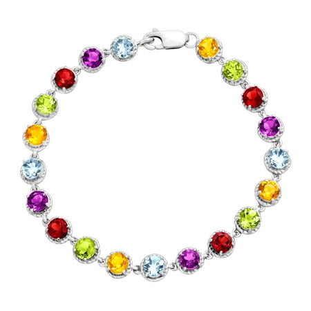 Gemstone Bracelet - Sterling Silver Rhodium Plated Multi Gemstone Bracelet 7.5 Inches