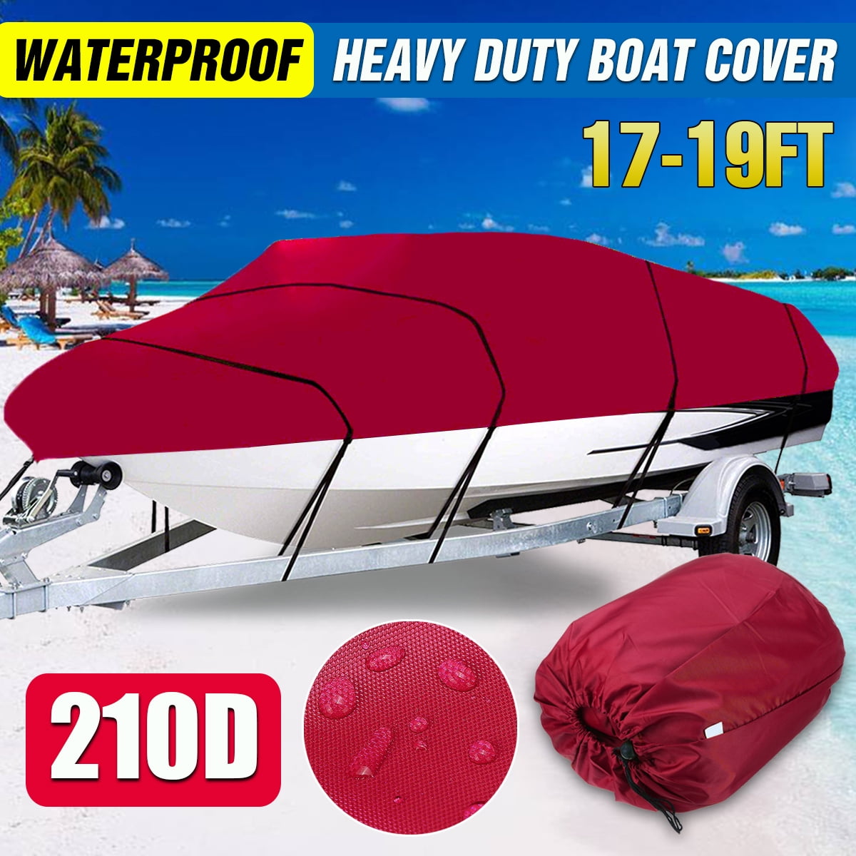 Boat Cover, 17-19ft Trailerable Boat Cover 210D Waterproof for Fishing Ski Bass V-Hull Tri-Hull Runabouts Boat Windproof UV Resistant, Wine Red