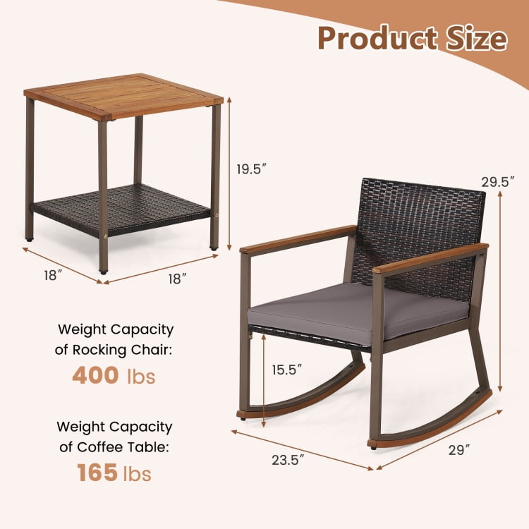 Aimee Lii 3 Pieces Rattan Rocking Bistro Set with Coffee Table and Cushions, Patio Table and Chairs Set, Outdoor Patio Set, Gray
