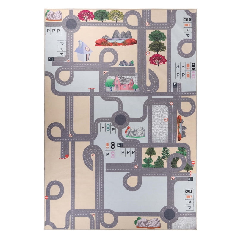 Superior Country Road Non-Slip Washable Indoor Play Rug, 3' x 5', Blue