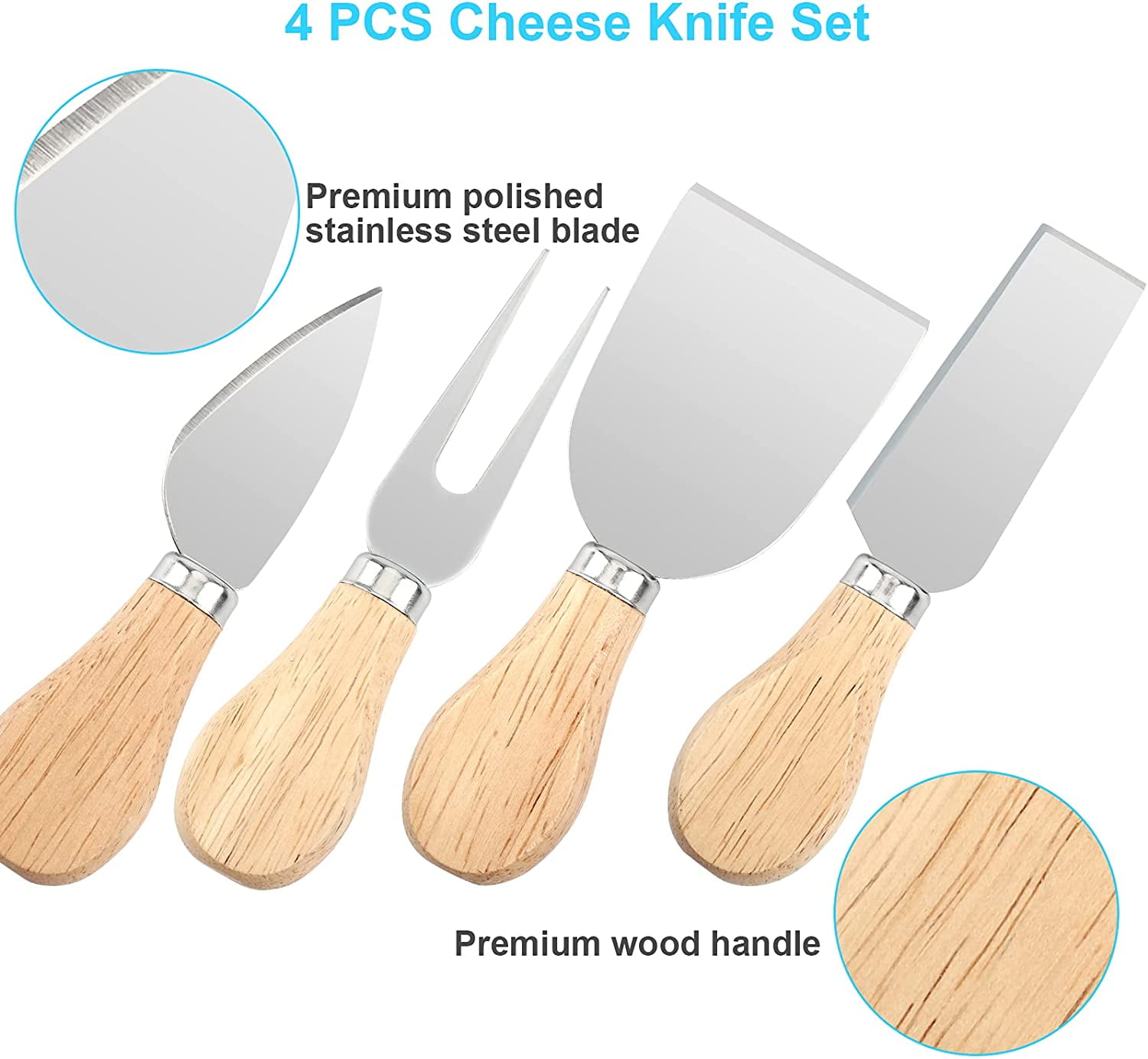 Bssrc 4 Piece Cheese Knives Set with Wooden Handle Mini Steel Stainless Cheese Knife Set for Charcuterie and Cheese Spread Perfect for Cheese Slicer A