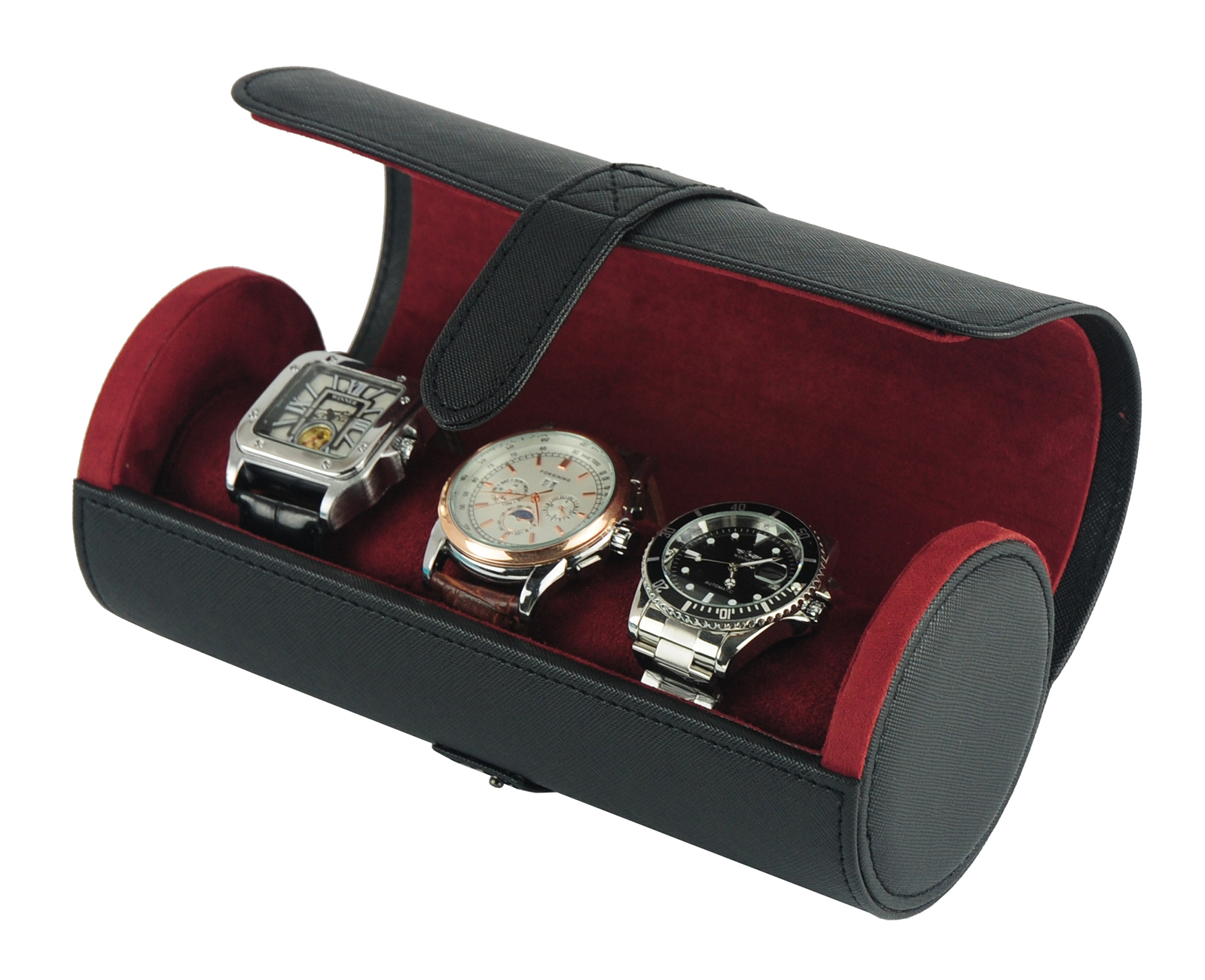 Deluxe Black Saffiano 3 Watch Bangle Bracelet Travel Watch Case and Jewelry Roll - image 1 of 6