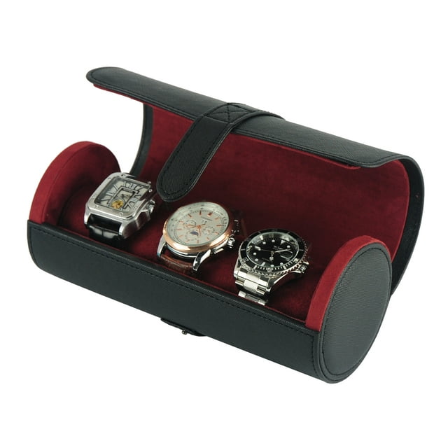 Deluxe Black Saffiano 3 Watch Bangle Bracelet Travel Watch Case and Jewelry Roll