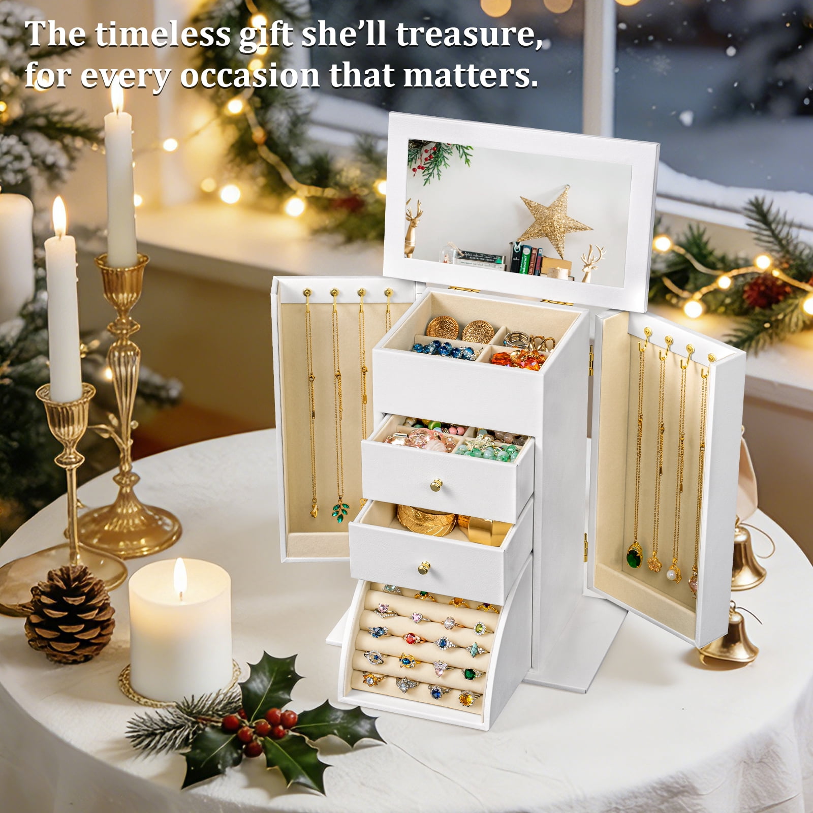 Sfugno Jewelry Box, 4 Layer Leather Jewelry Boxes for Women, Jewelry Organizer Box Display for Rings Earrings Necklaces Bracelets,White