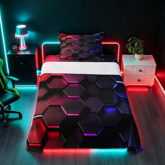 Manfei Red Blue Neon Honeycomb Twin Sheets, Glowing 3D Hexagon Bedding, Black Reversible 3 Pieces1 Flat Sheet 1 Fitted Sheet 1 Pillowcase