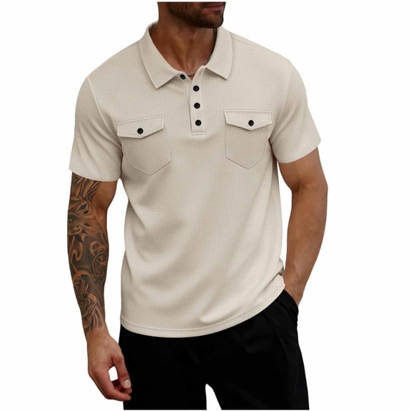 LMOIPLI Mens Work Shirts 2026 Short Sleeve Casual Slim Fit Button Up Waffle Golf Shirts with Pockets Tennis T Shirts Khaki S