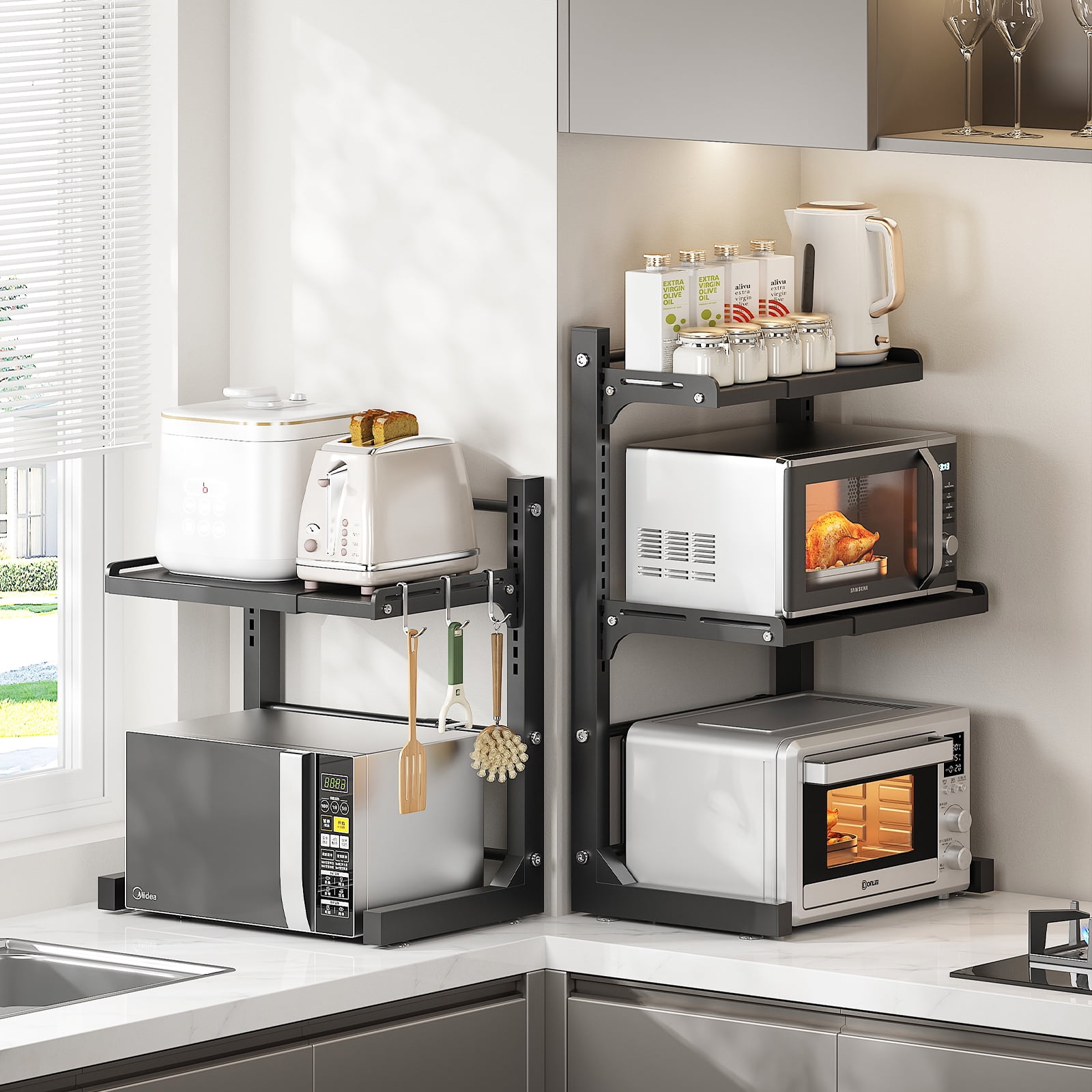 ABCOOL Retractable Adjustable 2 Axial Snap-in Kitchen Baker Microwave Oven Rack, 2 Tier Expandable and Height Adjustable Carbon Steel Shelf Counter Countertop with 3 Clip Hooks, Electric Oven Holder