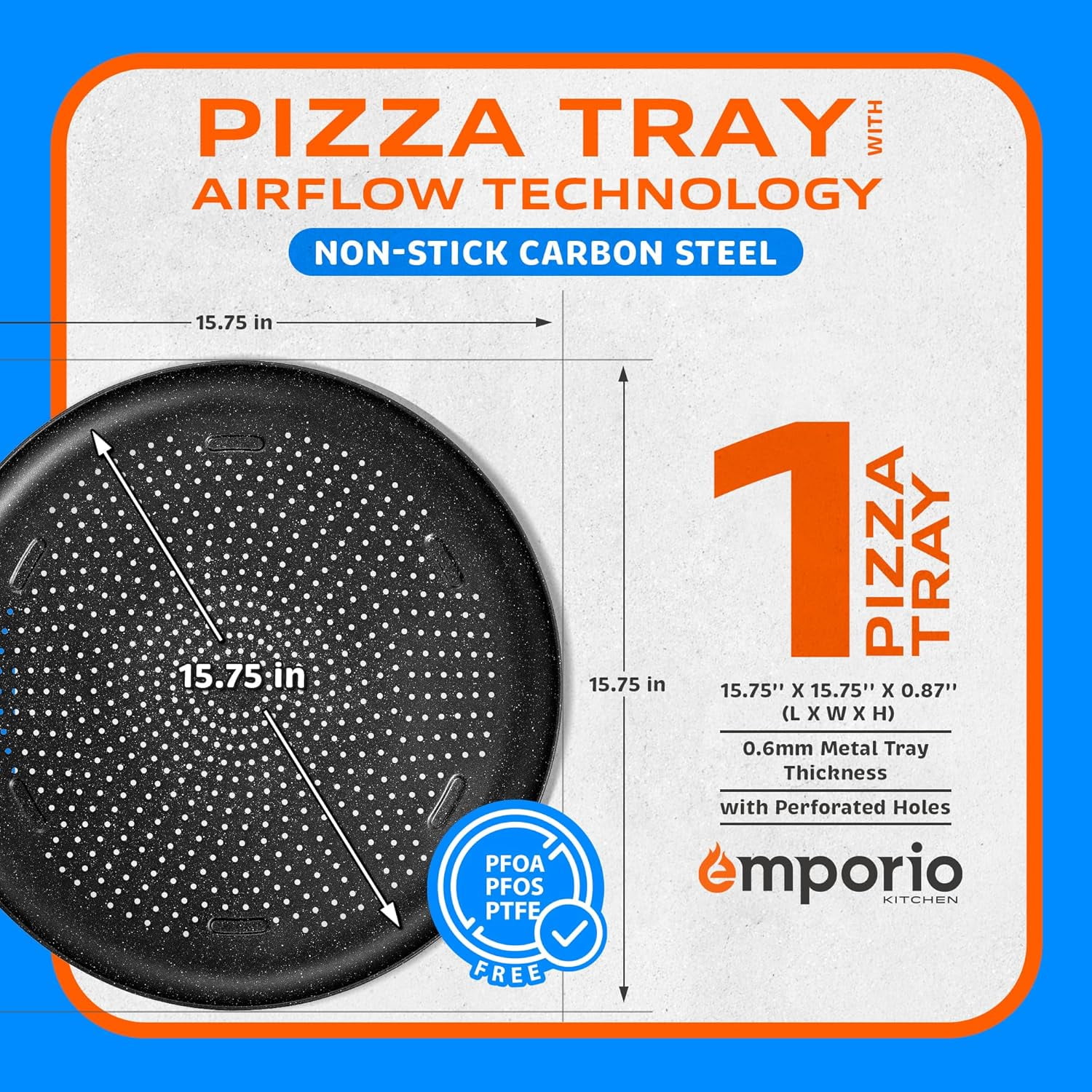 Emporio Kitchen Pizza Baking Pan - 15.75-Inch Round Perforated Carbon Steel Tray with Non-Stick Gray Marble Coating, Airflow Design, Dishwasher & Oven Safe (Up to 450°F), Gray