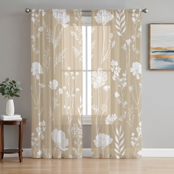 Beige Wildflowers Sheer Curtains 63 Inches Long, Farmhouse Floral Botanical Leaves Light Filtering Window Curtains for Living Room, Rod Pocket Voile Sheer Curtain Drapes, 52"W x 63"L, 2 Panels