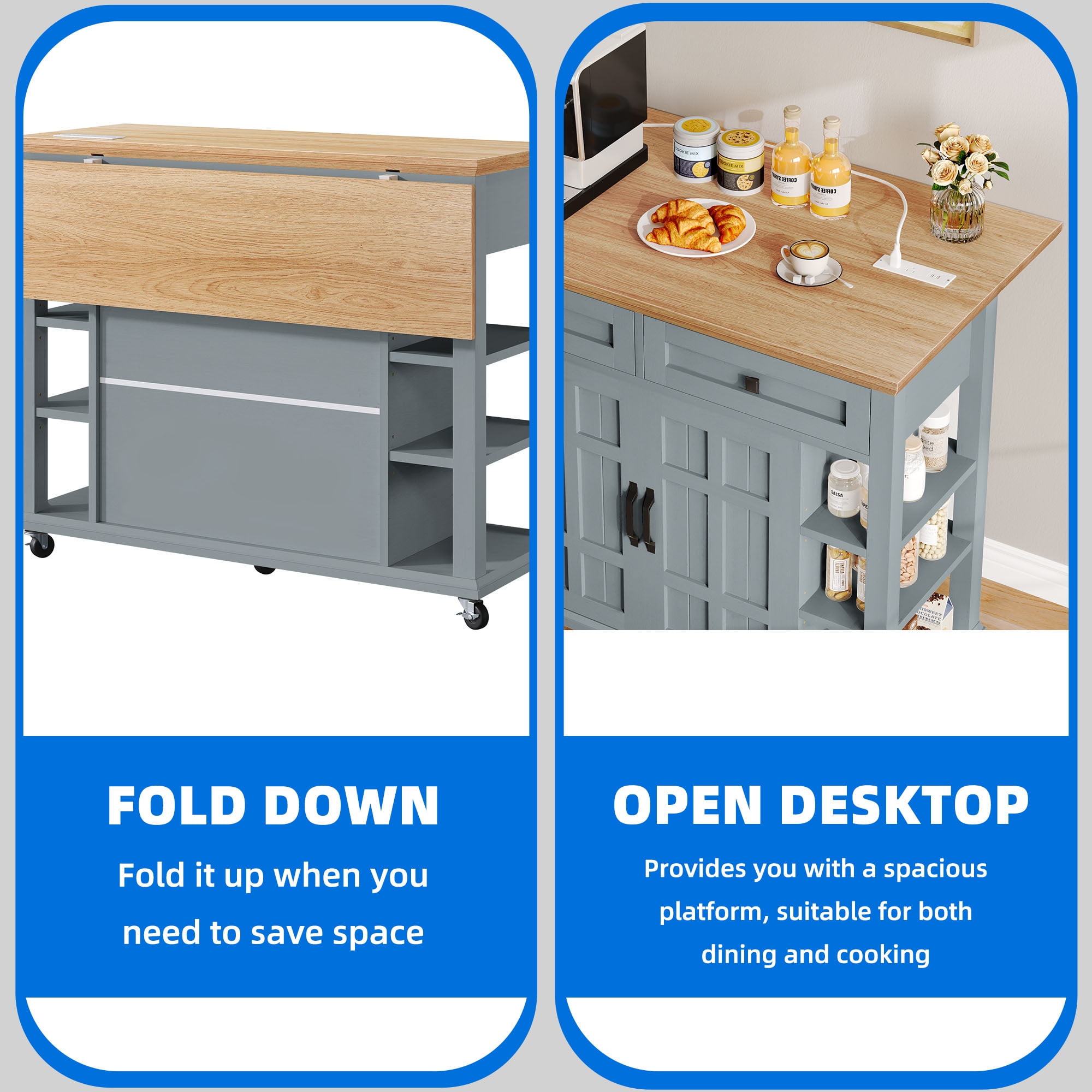 Uforic Kitchen Island Cart with Power Outlets, Kitchen Storage Trolley Cart with Storage Shelves & Drawers, Blue Gray