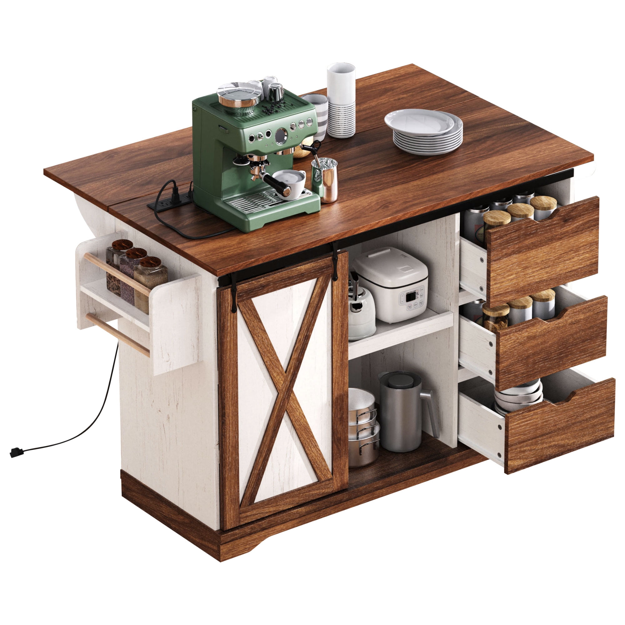 Homy Casa 55.5" Farmhouse Kitchen Island with Drop Leaf, Power Outlets, 3 Drawers, Shelves & Spice Rack