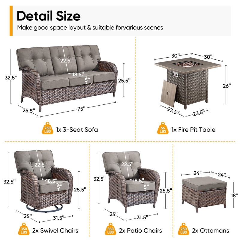 PARKWELL 8-Piece Outdoor Furniture Set with 30-Inch Propane Firepit - Rattan Cushioned Sofa and Wicker Swivel Glider Chairs,Outdoor Seating for Backyard Gatherings, Brown/Gray