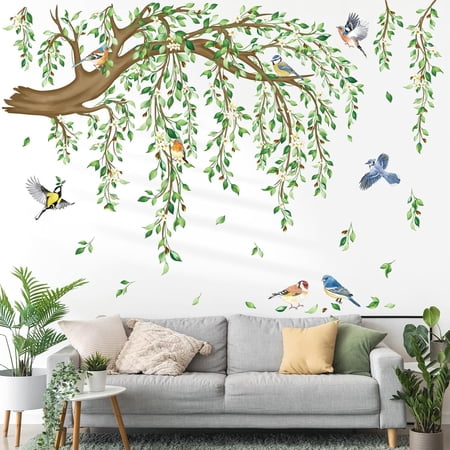 Large Hanging Vine Wall Decals tree wall decals Tree and bird wall stickers Tree Branch Green Self-Adhesive Wall Decoration Leaf Flower Birds Wall Stickers Living Room Tv Background Bedroom Decor