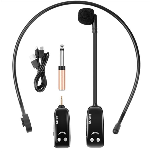 micrófono inalámbrico uhf con cabeza, auriculares con pantalla digital, micrófono, altavoz, abeja pequeña, micrófono para enseñanza — Conjunto morado con diadema de cabeza flexible, transmisor y receptor UHF compactos con pantalla digital, micrófono de diadema con cubreboca de espuma, adaptador 1/4" a 3.5 mm y cable de carga tipo C incluidos; botones galvanizados visibles, plug-and-play y respuesta de 100 Hz–20 kHz, adecuado para clases y presentaciones en computadoras y accesorios de audio.